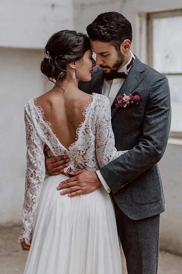 Abito da Sposa a Due Pezzi con Scollo a Barca e Maniche Lunghe in Pizzo, Linea A Semplice, MW560