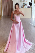 Robe de bal longue rose satinée simple ligne A avec perles PSK562