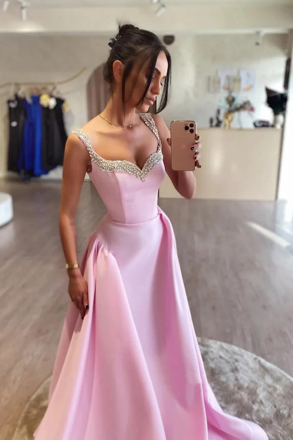 Simple A Line Satin Pink Long Prom Dresses with Beadings PSK562