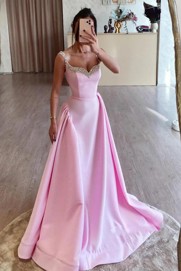 Simple A Line Satin Pink Long Prom Dresses with Beadings PSK562