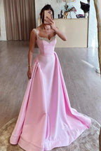 Simple A Line Satin Pink Long Prom Dresses with Beadings PSK562
