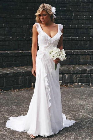 NumberSea Schlichtes Chiffon A-Linie V-Ausschnitt Rüschen Strand Brautkleid, Brautkleid, MW787
