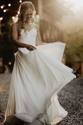 NumberSea Schlichtes Chiffon-Spitzen-A-Linien-Brautkleid mit Herzausschnitt und trägerlosem Strandkleid, MW642