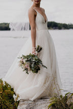Simple Ivory A-line V-neck Backless Wedding Dresses, Beach Wedding Dress, MW557