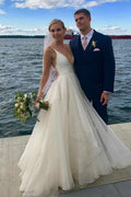 Simple Ivory A-line V-neck Backless Wedding Dresses, Beach Wedding Dress, MW557