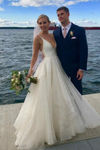 Simple Ivory A-line V-neck Backless Wedding Dresses, Beach Wedding Dress, MW557