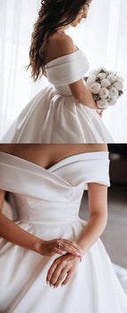 NumberSea Abito da Sposa Semplice Avorio in Satin e Pizzo con Scollatura Spalle Scoperte, MW633