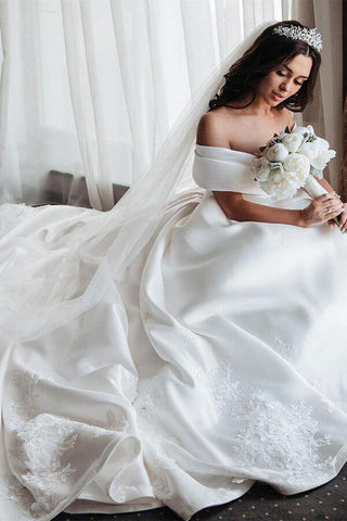 Vestido de noiva simples de baile em marfim, com renda de cetim e ombros à mostra, NumberSea MW633