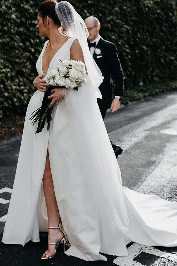 Simple Ivory Satin A-line V-Neck Wedding Dresses with Pockets, MW537