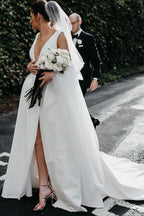 Simple Ivory Satin A-line V-Neck Wedding Dresses with Pockets, MW537