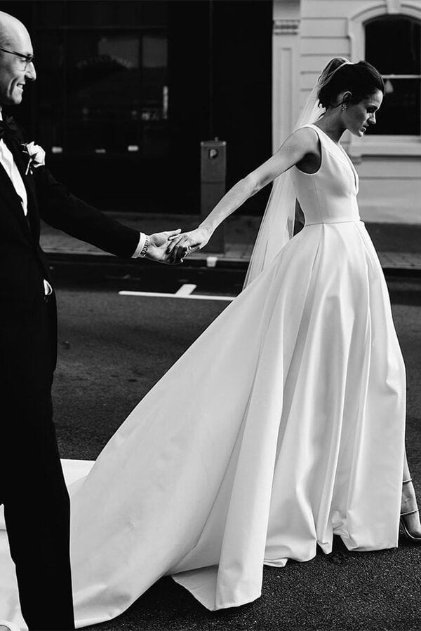 Simple Ivory Satin A-line V-Neck Wedding Dresses with Pockets, MW537