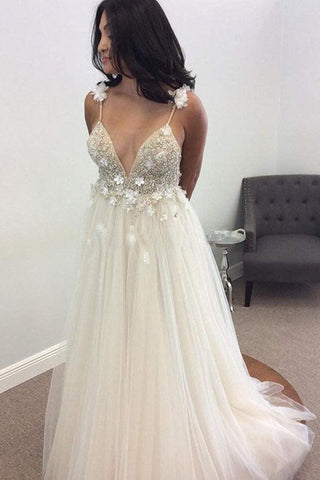 NumberSea Vestidos de noiva compridos com decote em V e alças finas, corte A e cauda longa, MW324