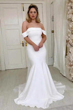 Simple Mermaid Off The Shoulder Ivory Satin Wedding Dress WD605 by pgmdress