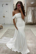 Simple Mermaid Off The Shoulder Ivory Satin Wedding Dress WD605 by pgmdress
