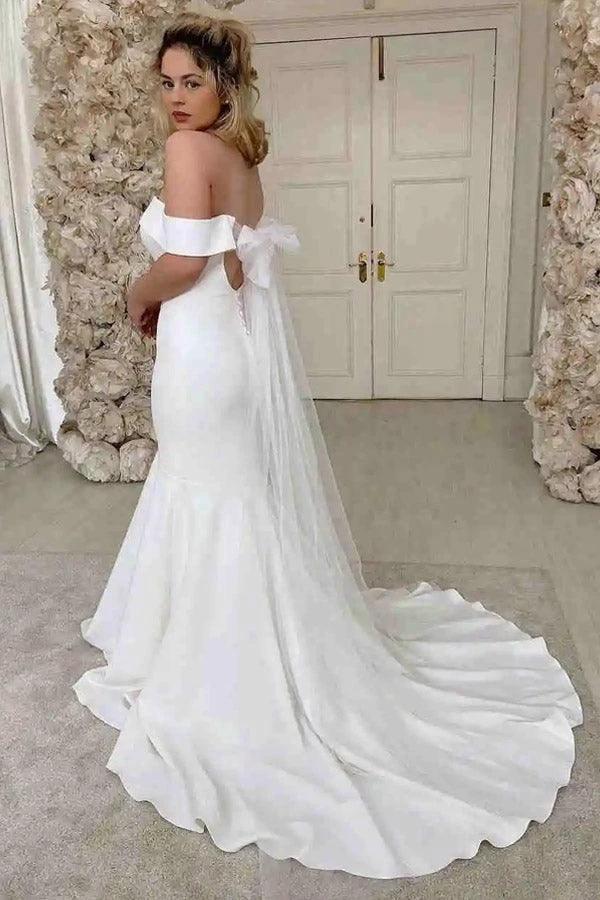 Simple Mermaid Off The Shoulder Ivory Satin Wedding Dress WD605 by pgmdress