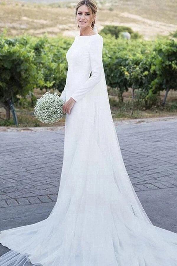 NumberSea Robe de mariée simple et modeste à manches longues, style gaine, pour mariage champêtre, MW515