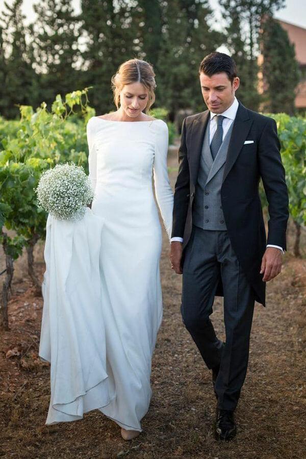 NumberSea Robe de mariée simple et modeste à manches longues, style gaine, pour mariage champêtre, MW515