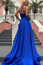Vestidos de festa simples azul-royal com alças finas e decote em V e racha PSK265