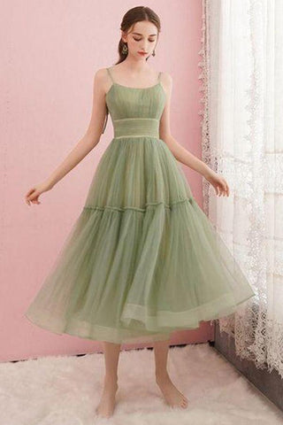 Schlichtes Salbeigrünes Tüll-Abschlusskleid mit Rundhalsausschnitt, PD434