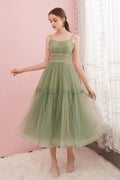 Robe de remise des diplômes et de bal de fin d'études PD434 à col rond en tulle vert sauge simple