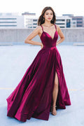 Robe de bal longue simple en satin fuchsia avec fente PSK624