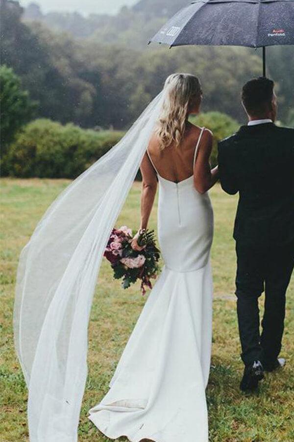 NumberSea Simple Satin Sirène Décolleté en V Robe de Mariée à Traîne Balayée, Robe de Mariée, MW632