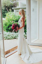 NumberSea Simple Satin Sirène Décolleté en V Robe de Mariée à Traîne Balayée, Robe de Mariée, MW632