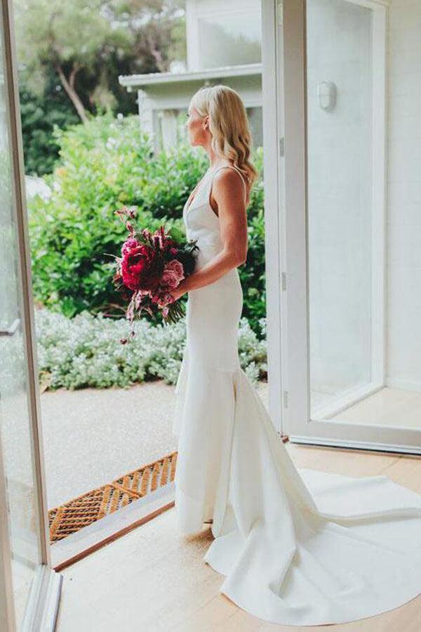 NumberSea Simple Satin Sirène Décolleté en V Robe de Mariée à Traîne Balayée, Robe de Mariée, MW632