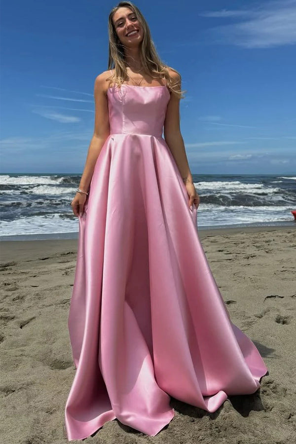 Simple Satin Spaghetti Straps Pleated Square Neck Prom Dress PSK635