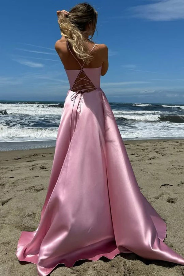 Simple Satin Spaghetti Straps Pleated Square Neck Prom Dress PSK635
