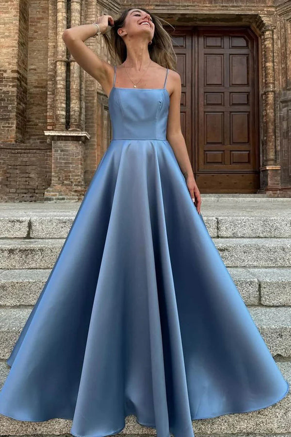 Simple Satin Spaghetti Straps Pleated Square Neck Prom Dress PSK635