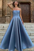 Simple Satin Spaghetti Straps Pleated Square Neck Prom Dress PSK635