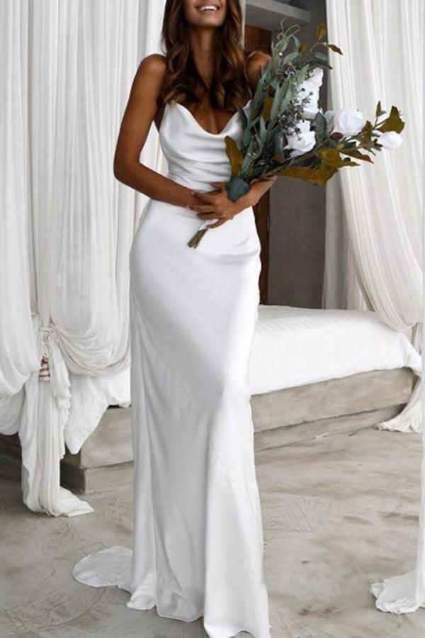 Robe de mariée NumberSea Simple Silk Satin sirène dos nu à bretelles spaghetti, MW602