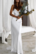 Robe de mariée NumberSea Simple Silk Satin sirène dos nu à bretelles spaghetti, MW602