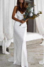 Robe de mariée NumberSea Simple Silk Satin sirène dos nu à bretelles spaghetti, MW602