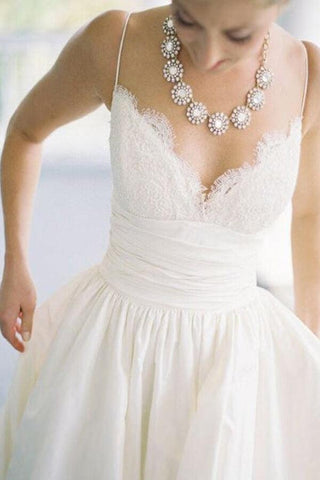 NumberSea Schlichtes Taft A-Linie Spaghettiträger Strand Brautkleid, Brautkleid, MW661