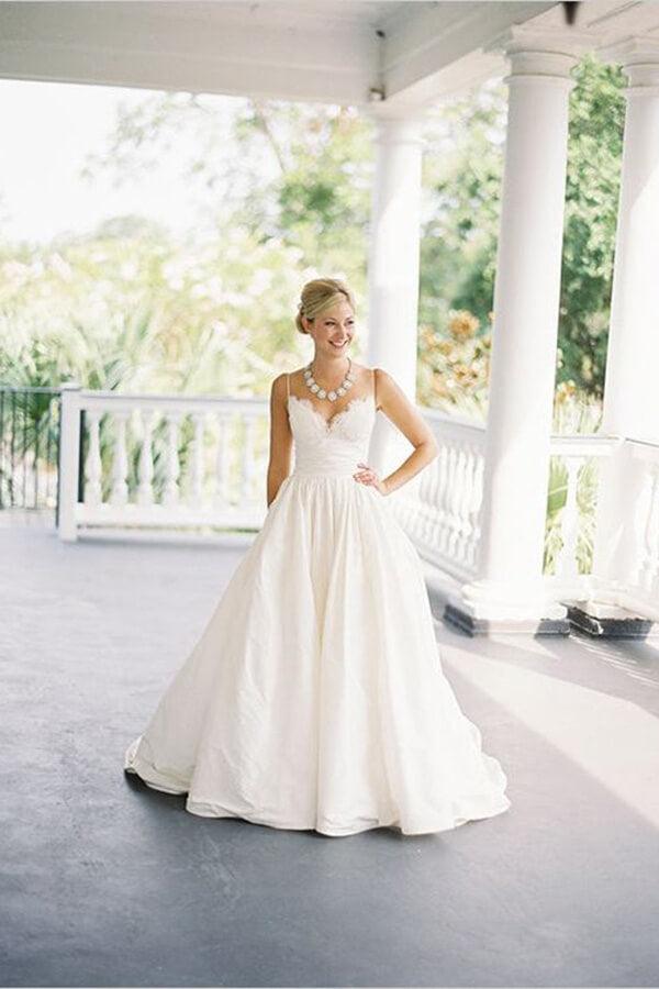 NumberSea Simple Taffeta A-line Spaghetti Straps Beach Wedding Dresses, Bridal Gown, MW661