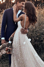 NumberSea Simple Tulle A-line V-neck Backless Spaghetti Starps Wedding Dresses, MW568