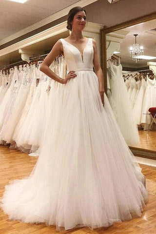 NumberSea Schlichtes Tüll-Brautkleid mit A-Linie und V-Ausschnitt und offenem Rücken, MW765