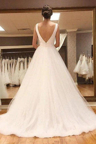 NumberSea Schlichtes Tüll-Brautkleid mit A-Linie und V-Ausschnitt und offenem Rücken, MW765