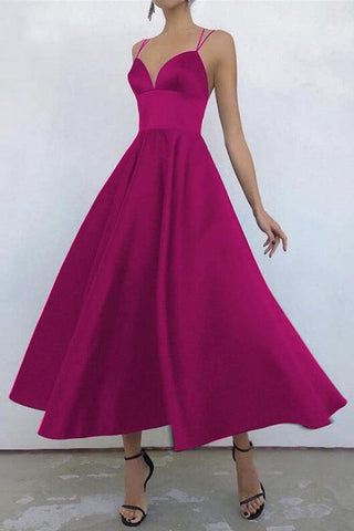Einfaches V-Ausschnitt Satin Burgunderrot Tee Länge Ball-/Abendkleid PSK231