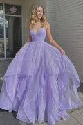 Robe de bal longue en tulle à col en V simple, robe de soirée en tulle lilas PSK259