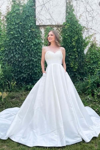 NumberSea Schlichtes weißes A-Linien-Brautkleid aus Satin mit Spaghettiträgern und Herzausschnitt, MW757