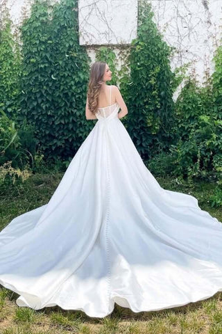 NumberSea Schlichtes weißes A-Linien-Brautkleid aus Satin mit Spaghettiträgern und Herzausschnitt, MW757