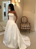 Vestidos de noiva simples, sem alças, em cetim marfim, com bolsos, estilo baile, DB0180