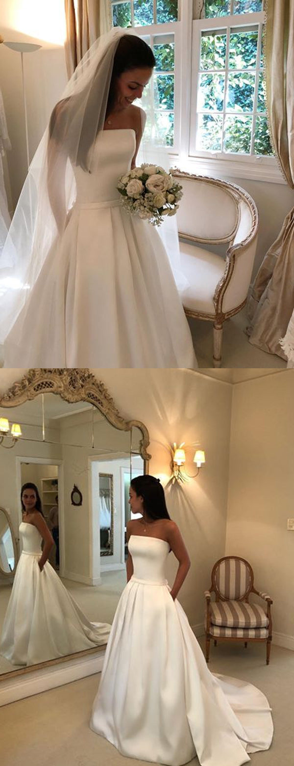 Vestidos de noiva simples, sem alças, em cetim marfim, com bolsos, estilo baile, DB0180