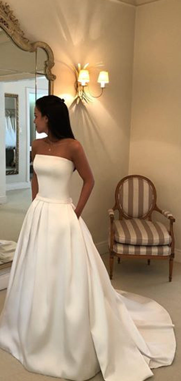 Vestidos de noiva simples, sem alças, em cetim marfim, com bolsos, estilo baile, DB0180