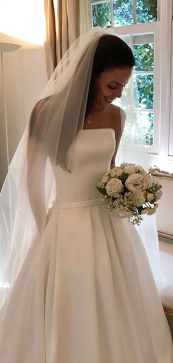Vestidos de noiva simples, sem alças, em cetim marfim, com bolsos, estilo baile, DB0180