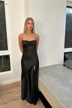 Simple Spaghetti Straps Satin Yellow Long Prom Dress