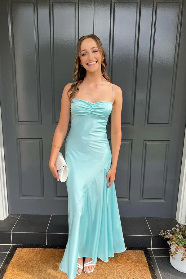 Simple Spaghetti Straps Satin Yellow Long Prom Dress